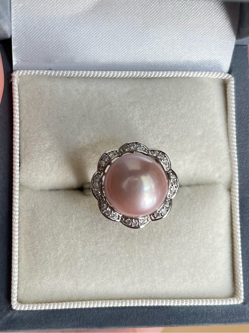 12 mm Genuine Pink Pearl and Silver Halo Ring
